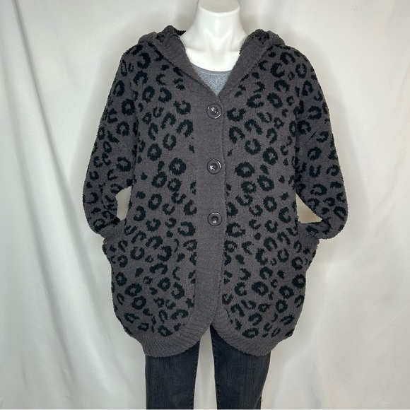 Sweet Lovely by Jenn, Chunky Leopard Knit Button Down Hooded Cardigan, S/M - Picture 2 of 11